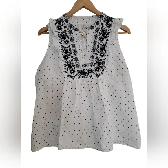 Loft Sleeveless Embroidered Blouse With Polka Dots Size XL White Black - Picture 1 of 4